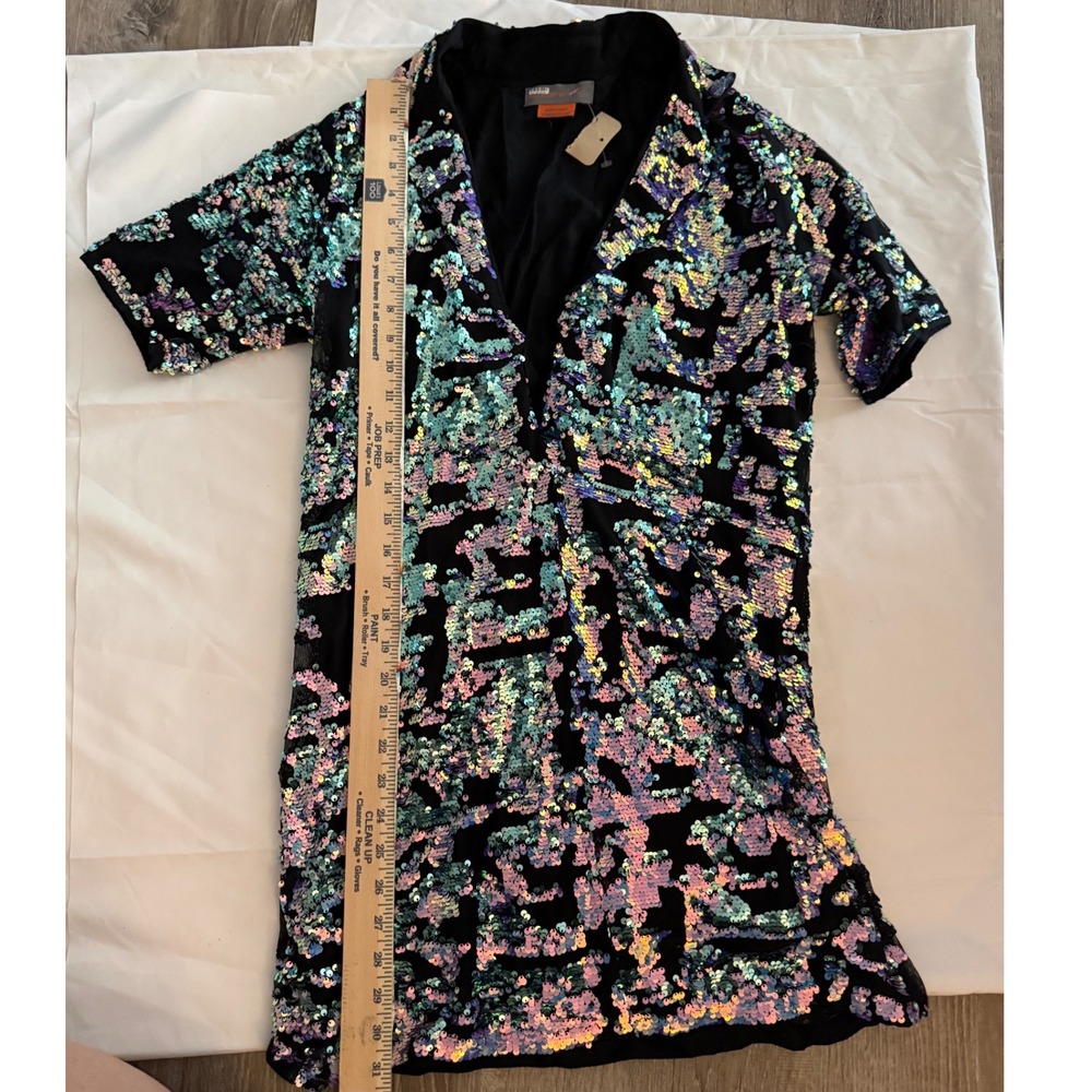 Bhanuni by Jyoti Anthropologie Iridescent Sequin Mini Dress V-Neck Black Multi - Picture 4 of 5